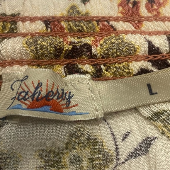 Faherty Floral Blouse in Cream and Brown Women’s LG Tie Neck Elastic at Wrist - Picture 3 of 11